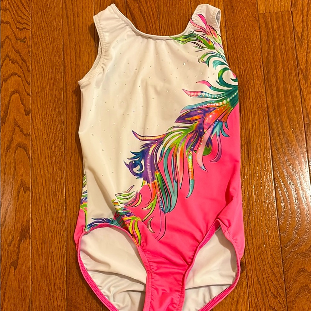 Sparkly Pink Feather Design Gymmastics Leotard